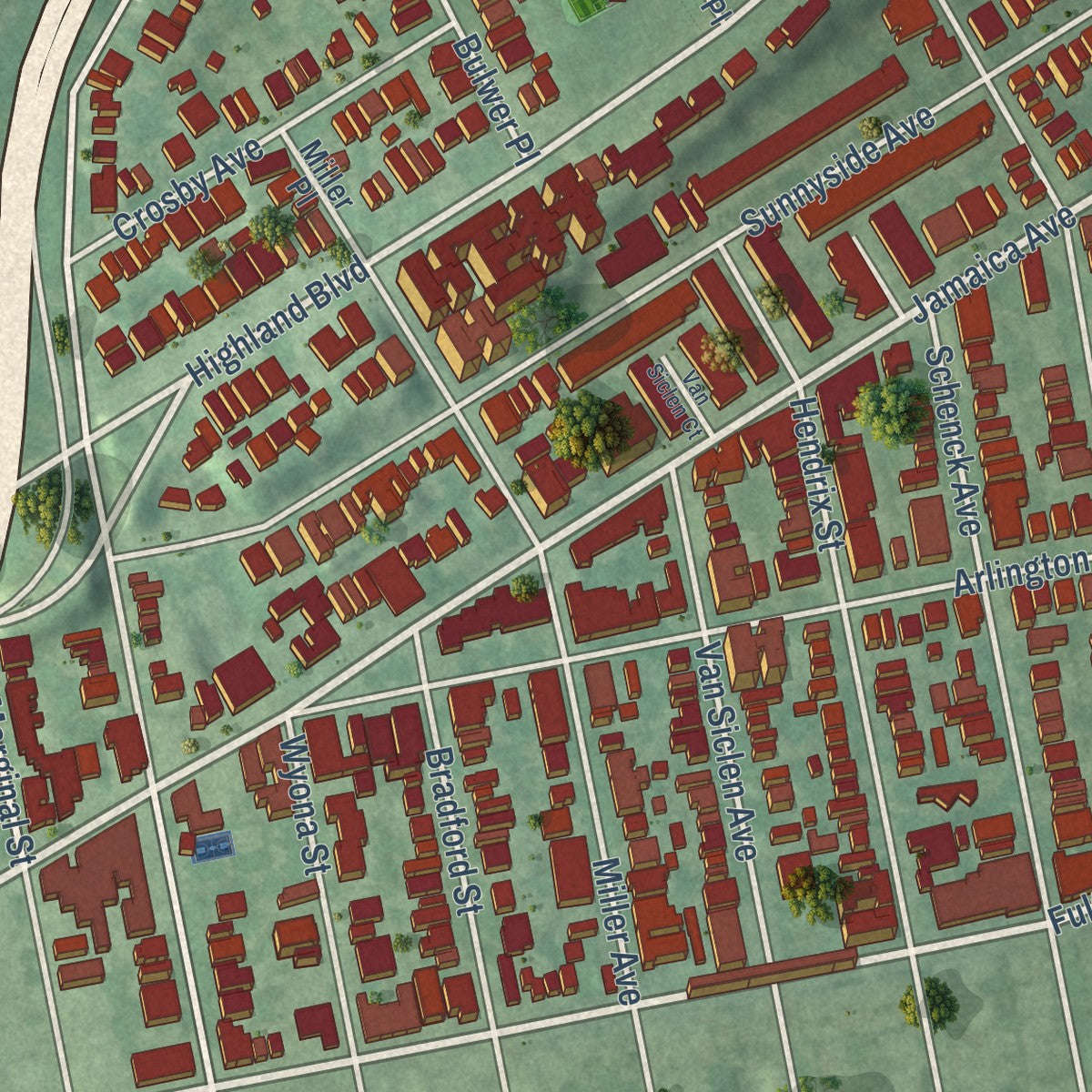 Close-up of the map of Cypress Hills, New York print showing street and building detail