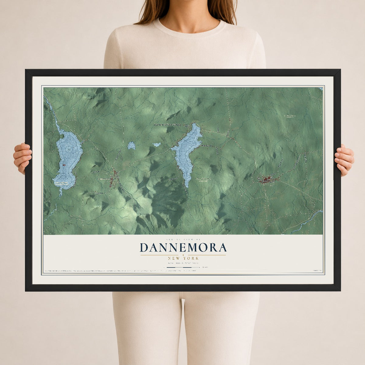 Dannemora, New York map print, 24" x 36" W/ Black Ayous Wood Frame mockup