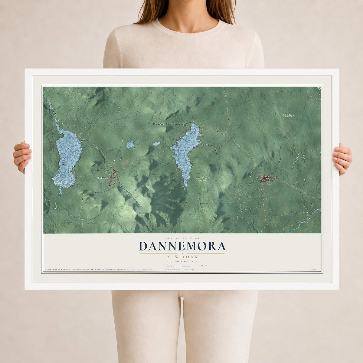 Dannemora, New York map print, 24" x 36" W/ White Ayous Wood Frame mockup