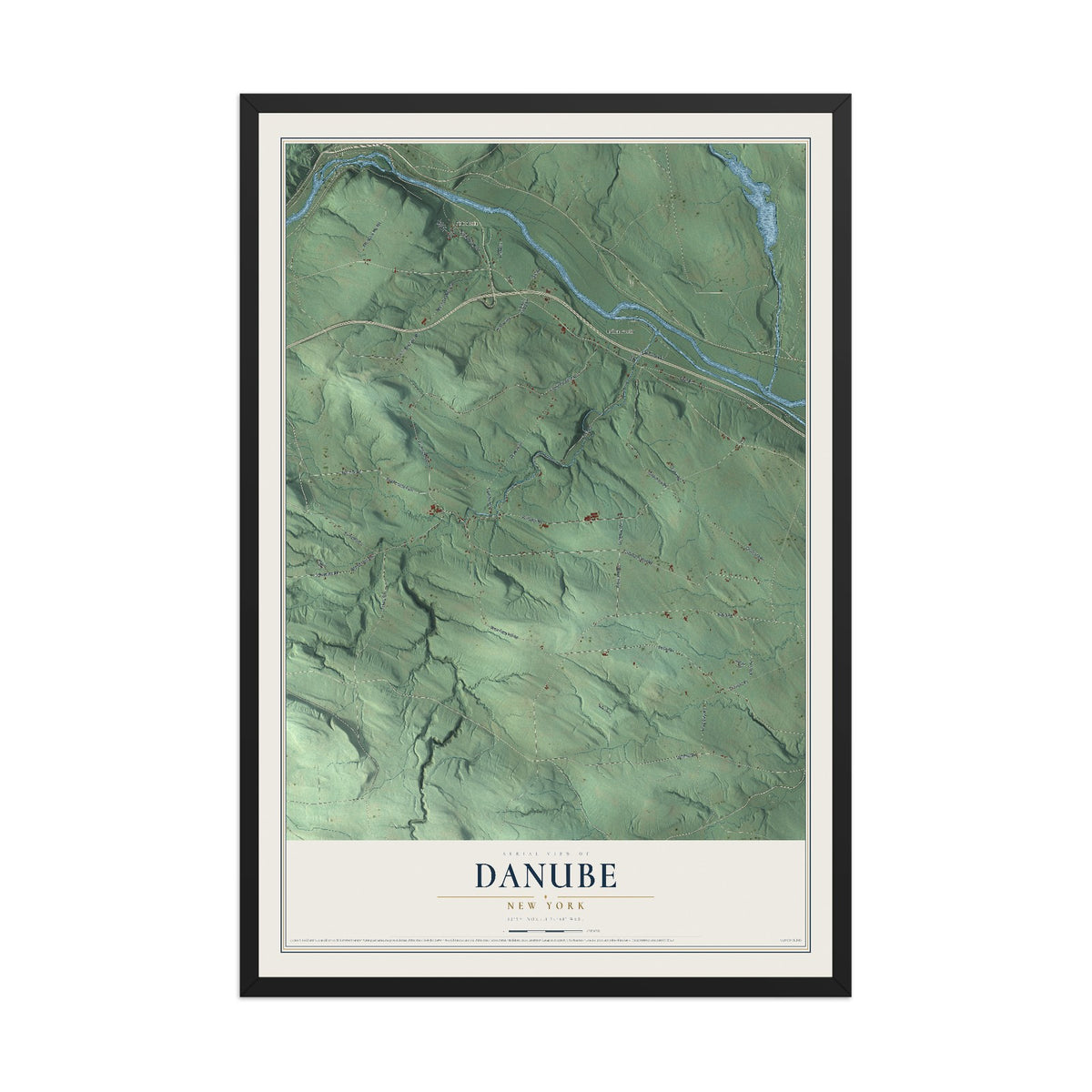 Danube, New York map print, 12" x 18" W/ Black Ayous Wood Frame mockup