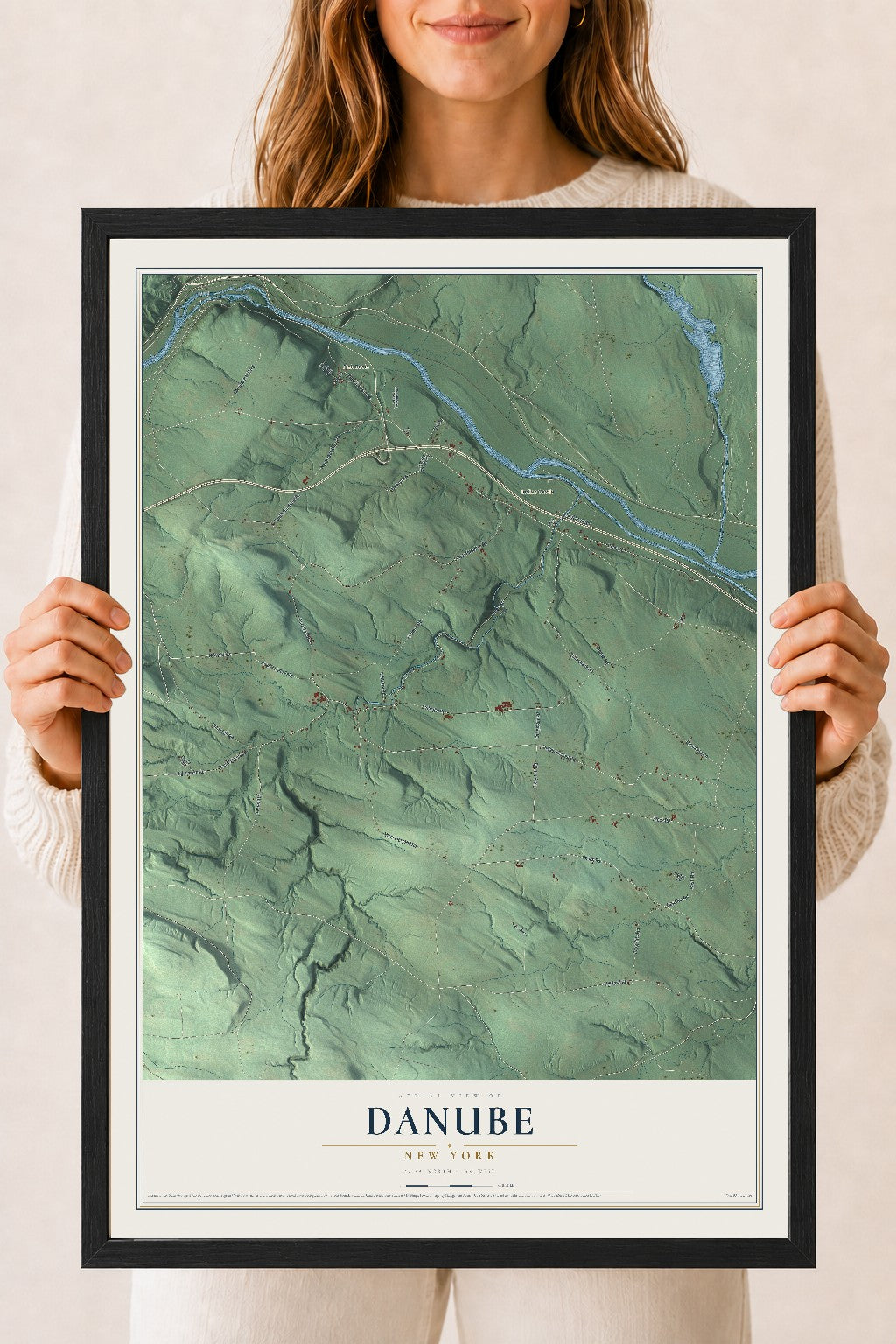 Danube, New York map print, 18" x 24" W/ Black Ayous Wood Frame mockup