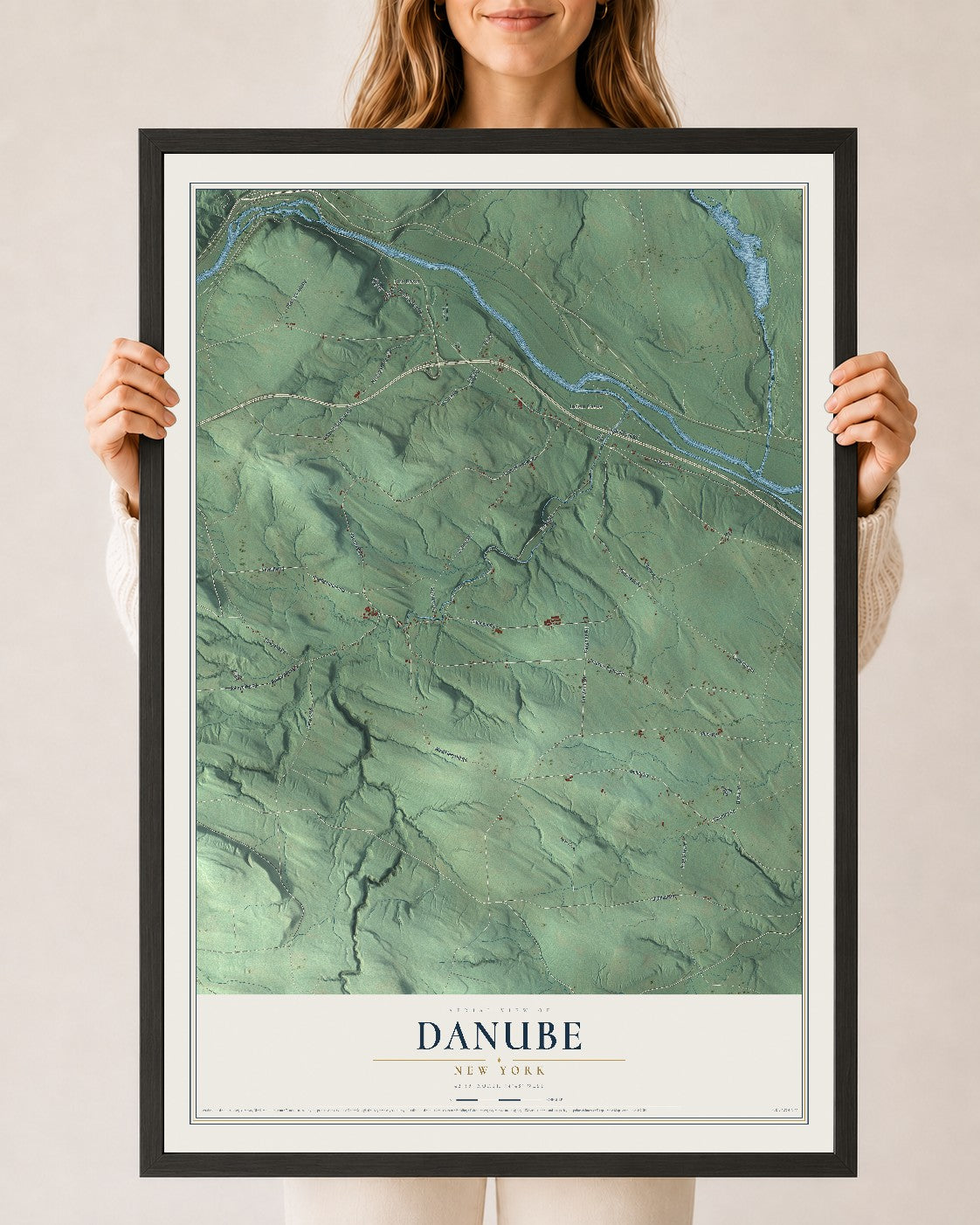 Danube, New York map print, 24" x 36" W/ Black Ayous Wood Frame mockup