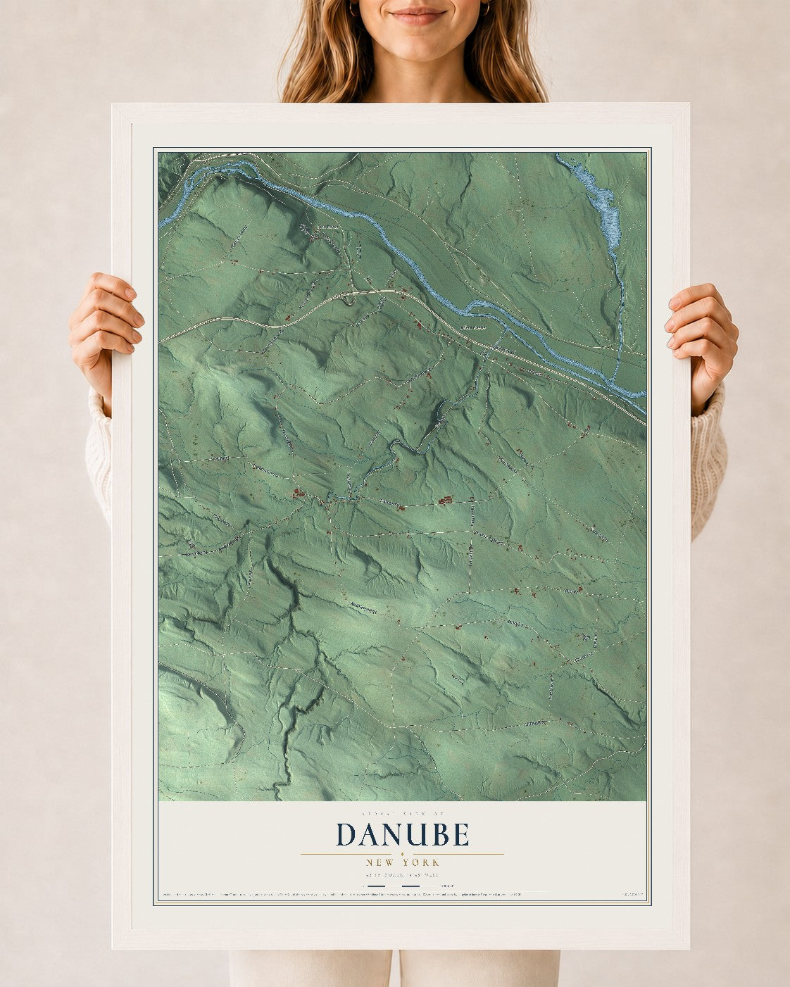 Danube, New York map print, 24" x 36" W/ White Ayous Wood Frame mockup