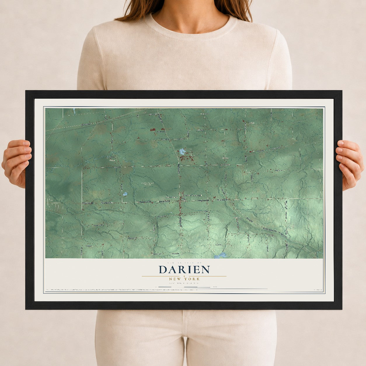 Darien, New York map print, 12" x 18" W/ Black Ayous Wood Frame mockup