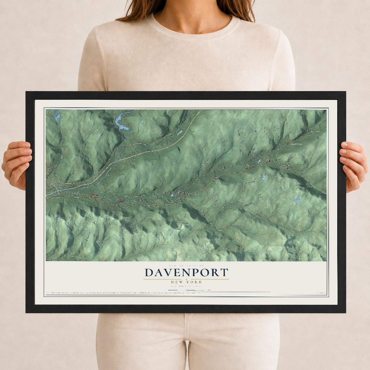 Davenport, New York map print, 12" x 18" W/ Black Ayous Wood Frame mockup