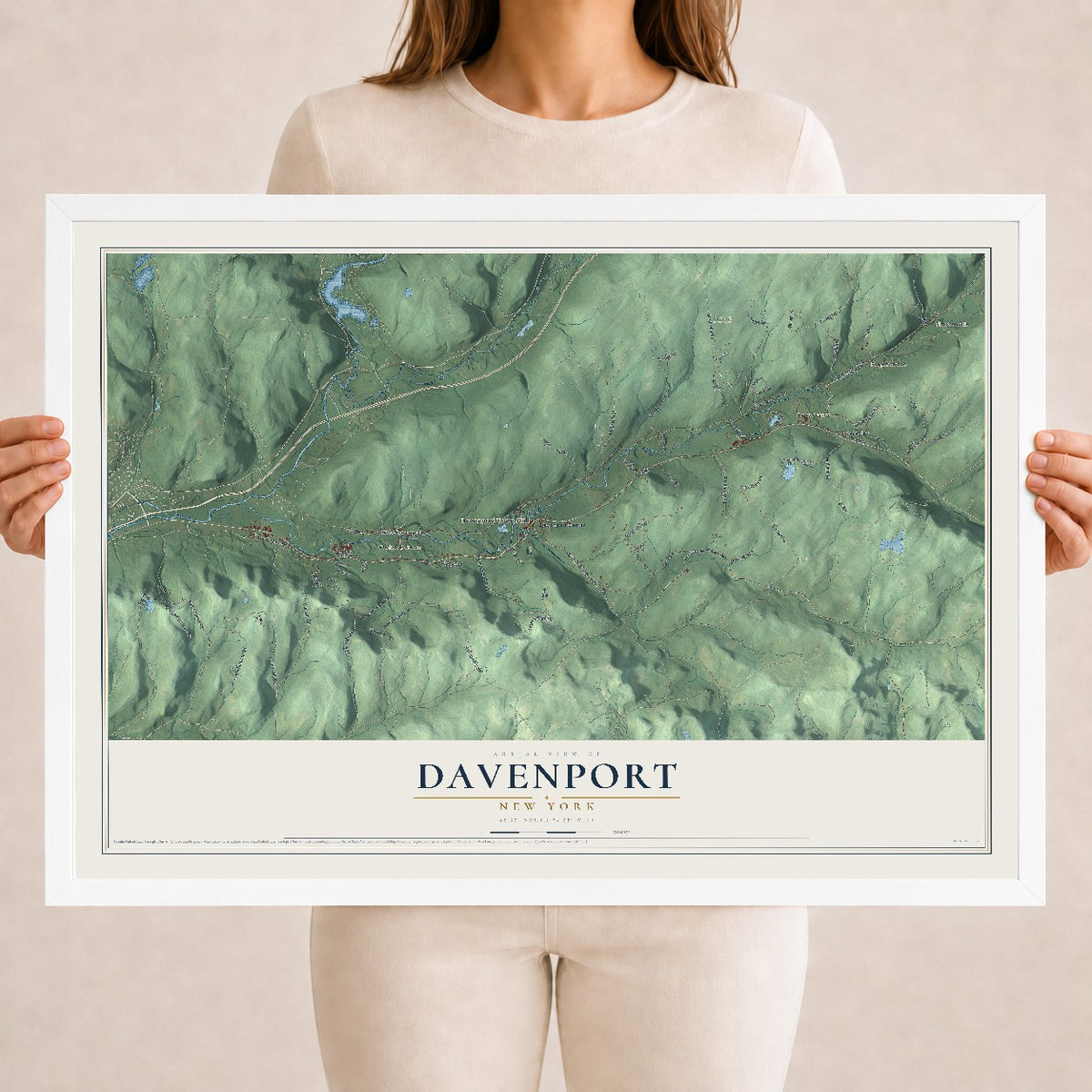 Davenport, New York map print, 18" x 24" W/ White Ayous Wood Frame mockup