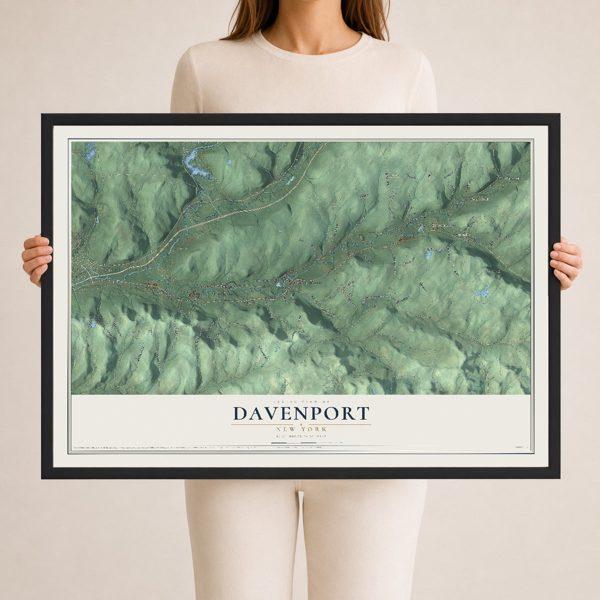 Davenport, New York map print, 24" x 36" W/ Black Ayous Wood Frame mockup