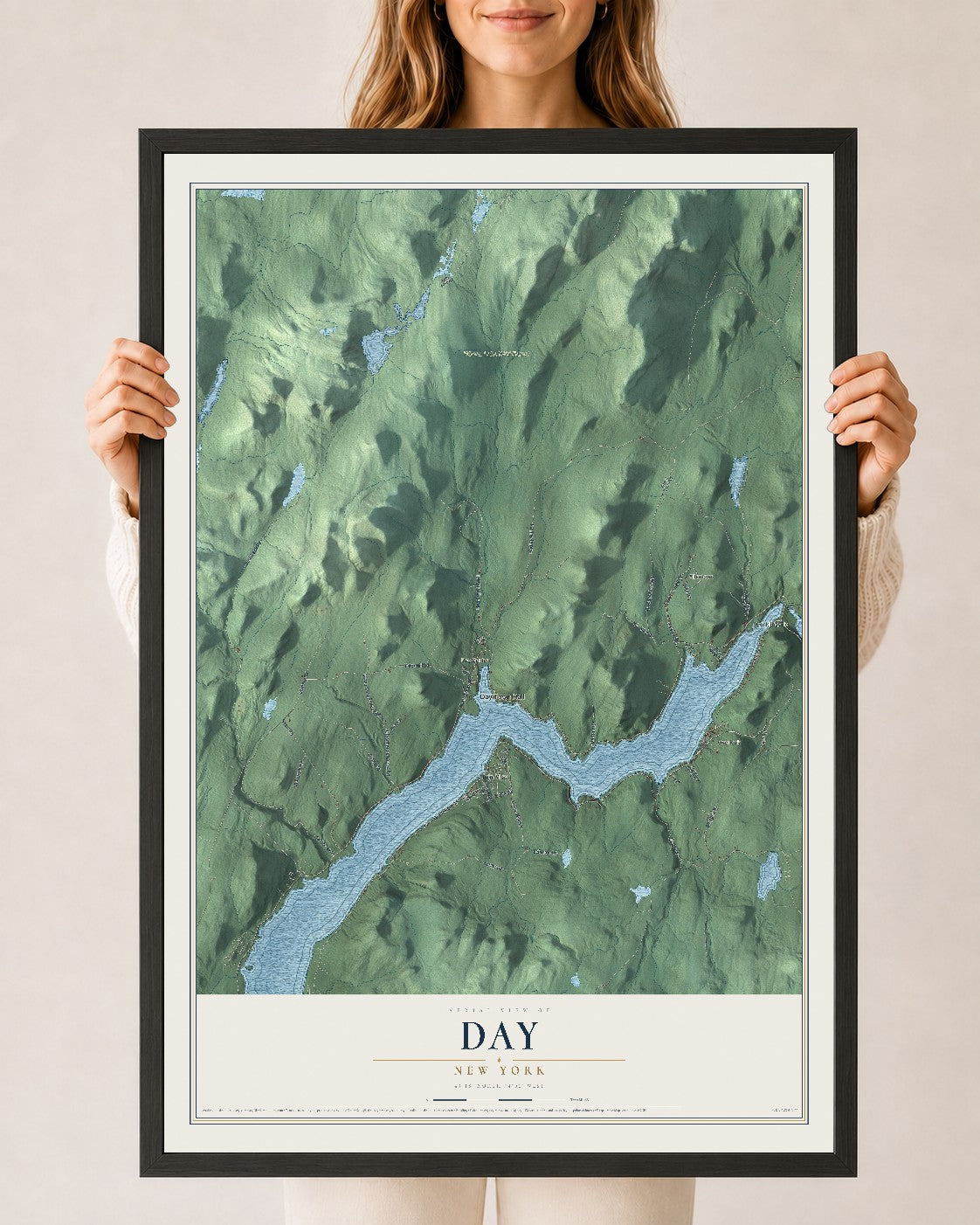 Day, New York map print, 24" x 36" W/ Black Ayous Wood Frame mockup