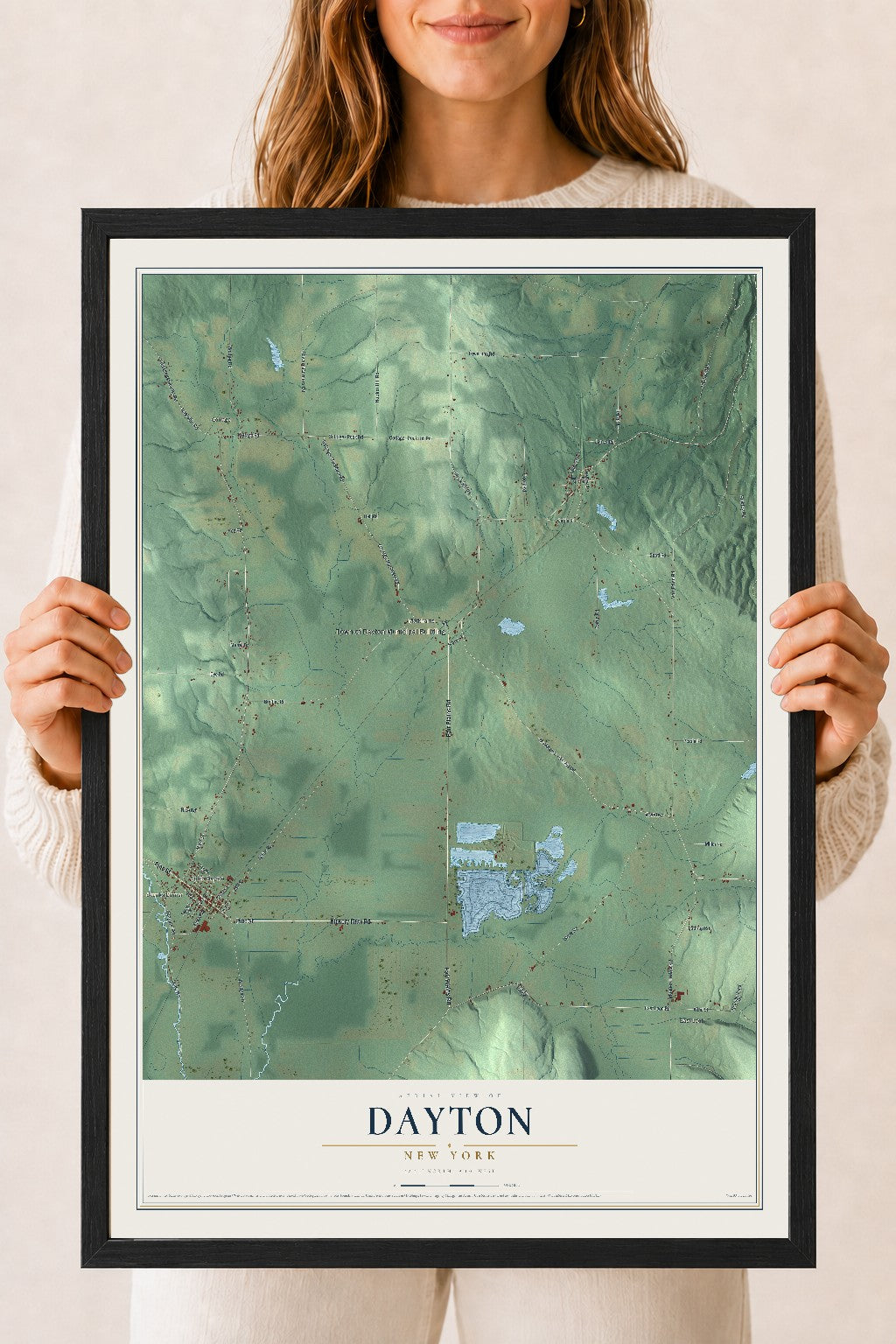 Dayton, New York map print, 18" x 24" W/ Black Ayous Wood Frame mockup