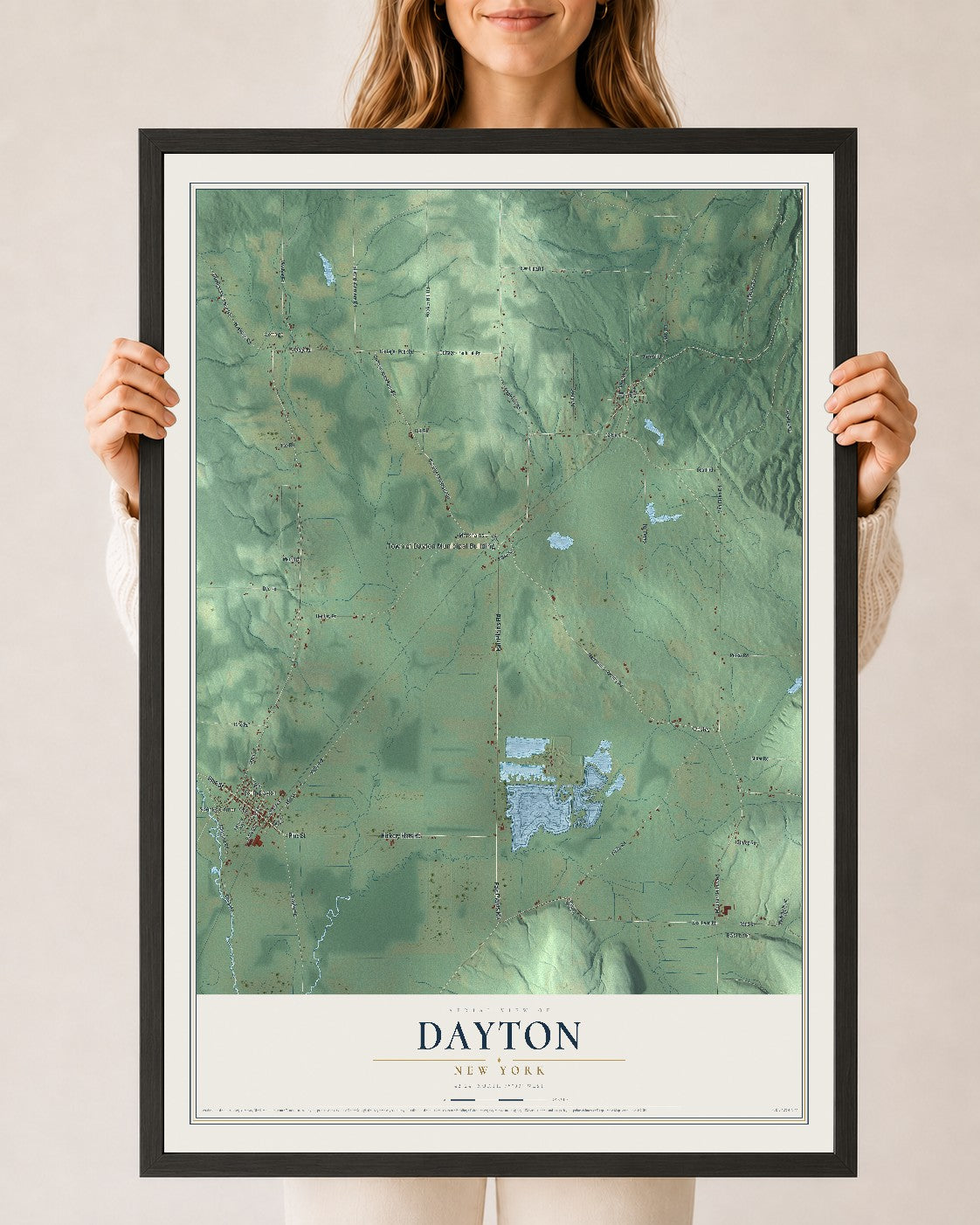 Dayton, New York map print, 24" x 36" W/ Black Ayous Wood Frame mockup
