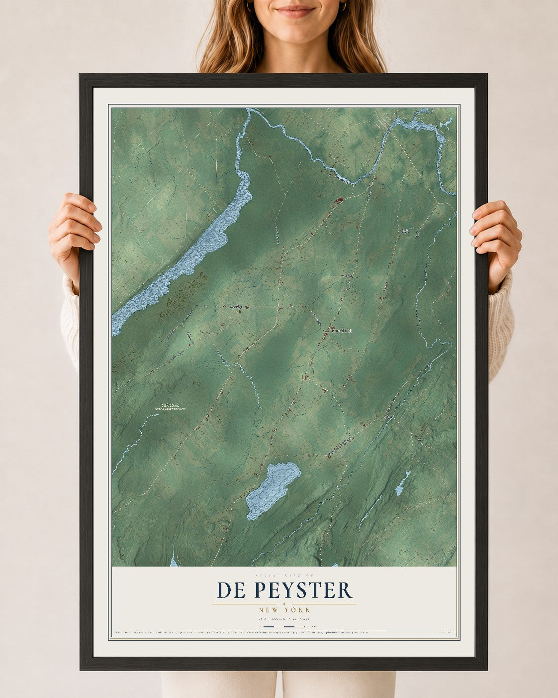 De Peyster, New York map print, 24" x 36" W/ Black Ayous Wood Frame mockup