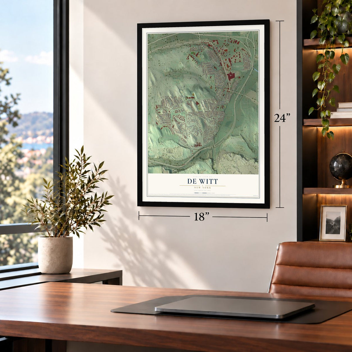 De Witt, New York map, 18 x 24 inch print in a black frame in a home office