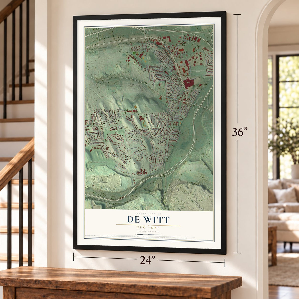De Witt, New York map, 24 x 36 inch print in a black frame by a staircase