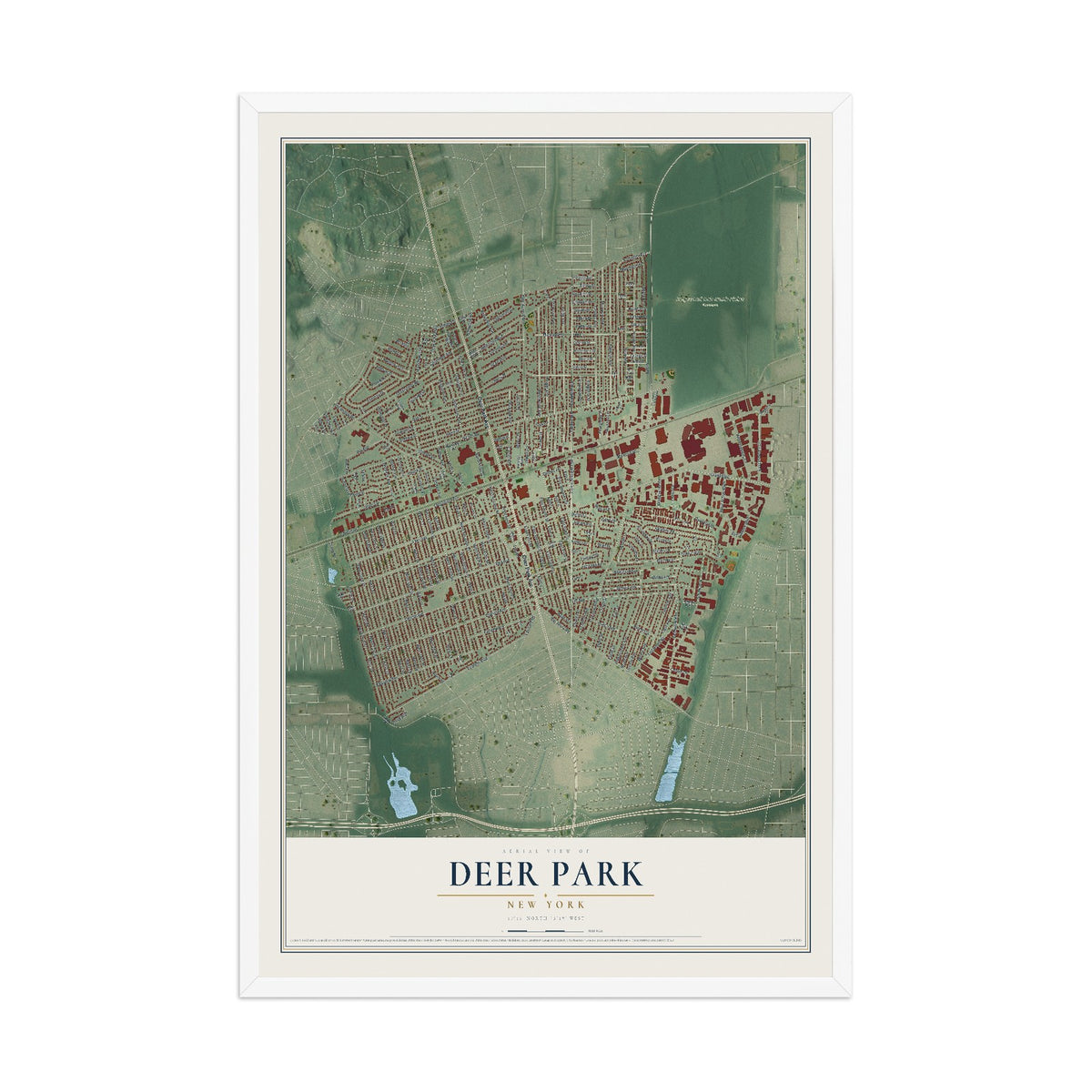 Deer Park, New York map print, 12" x 18" W/ White Ayous Wood Frame mockup