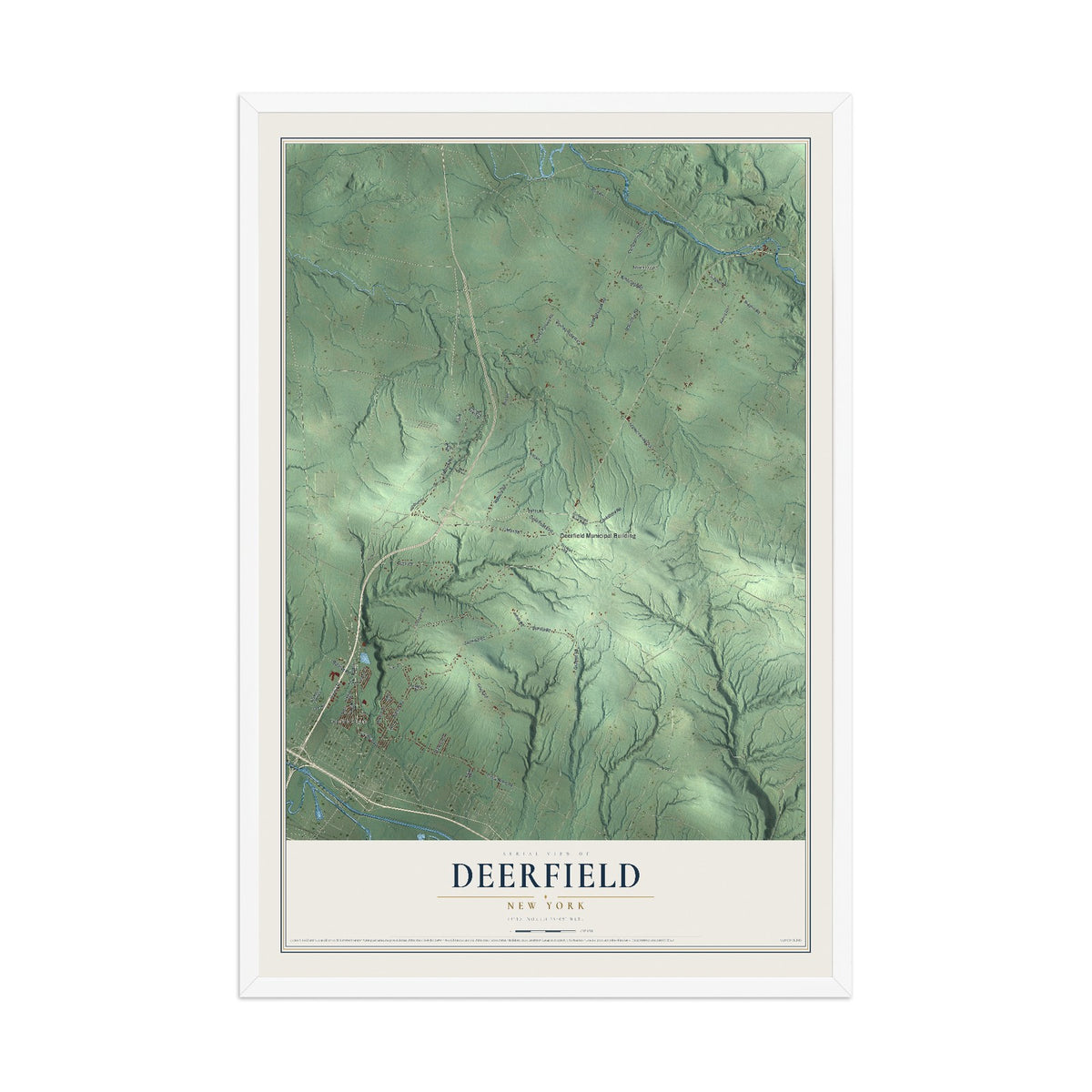 Deerfield, New York map print, 12" x 18" W/ White Ayous Wood Frame mockup