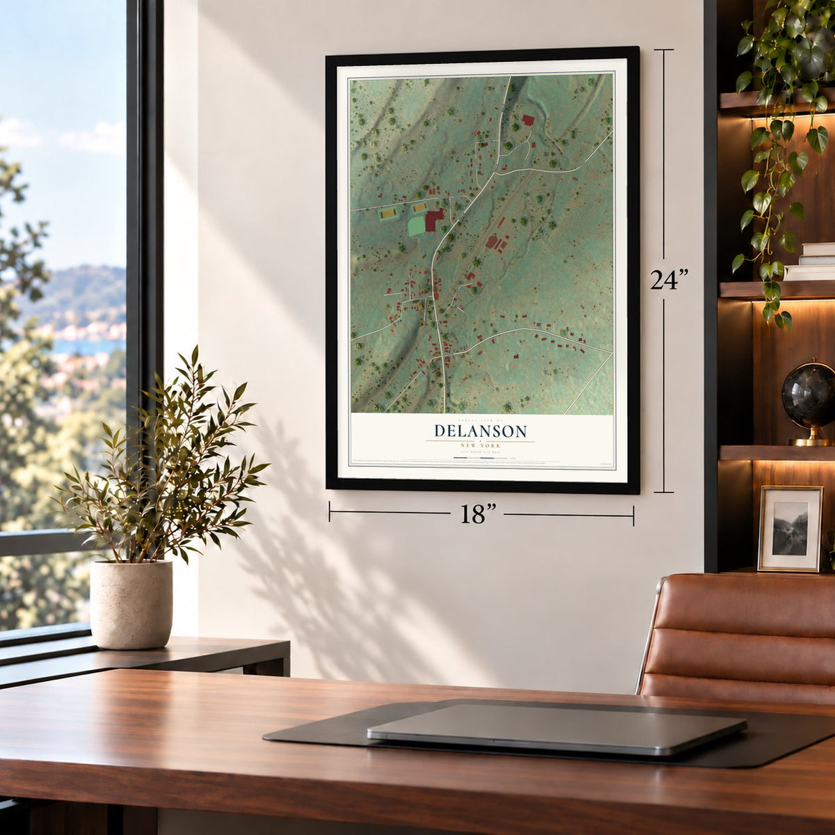 Delanson, New York map, 18 x 24 inch print in a black frame in a home office