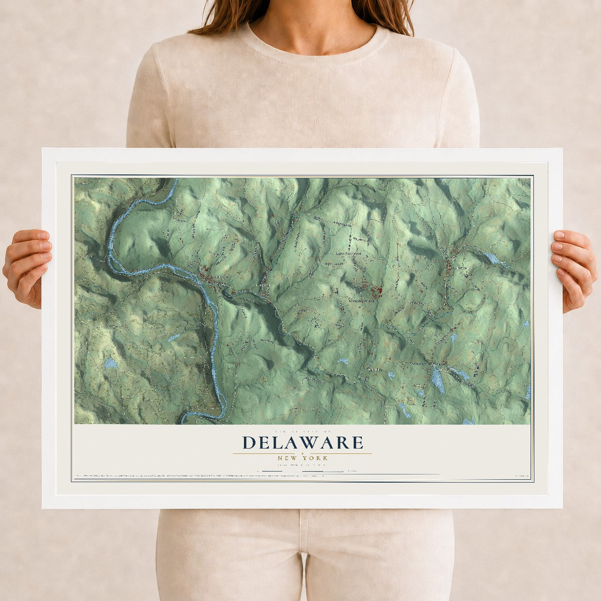 Delaware, New York map print, 12" x 18" W/ White Ayous Wood Frame mockup