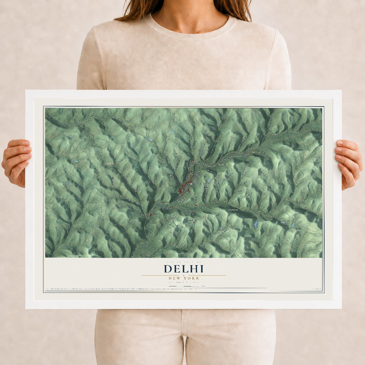 Delhi, New York map print, 12" x 18" W/ White Ayous Wood Frame mockup