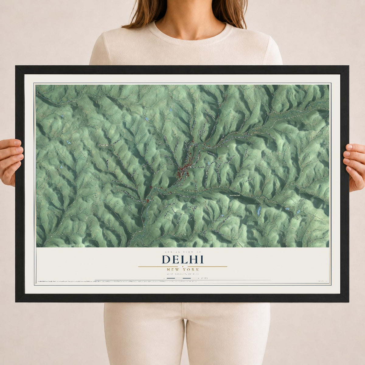 Delhi, New York map print, 18" x 24" W/ Black Ayous Wood Frame mockup