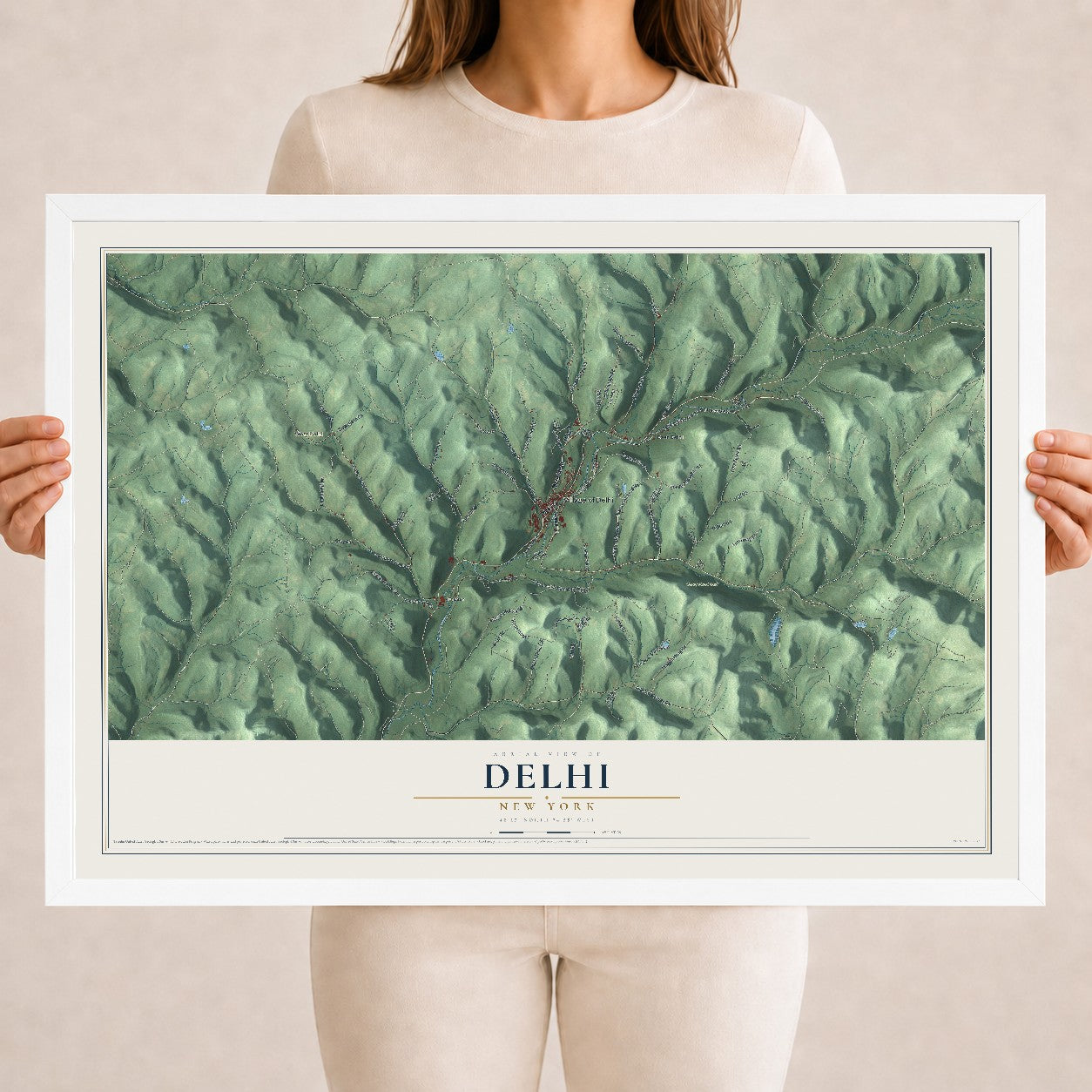 Delhi, New York map print, 18" x 24" W/ White Ayous Wood Frame mockup