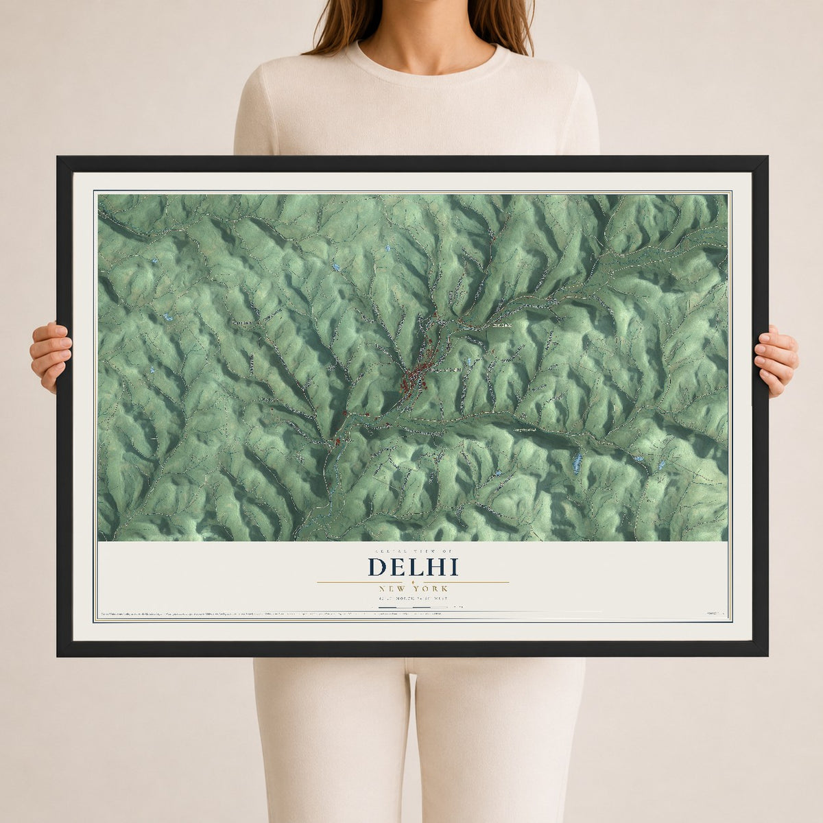 Delhi, New York map print, 24" x 36" W/ Black Ayous Wood Frame mockup