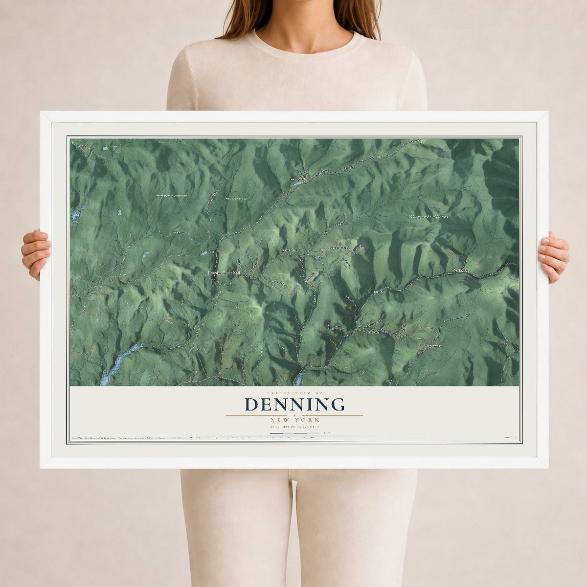 Denning, New York map print, 24" x 36" W/ White Ayous Wood Frame mockup