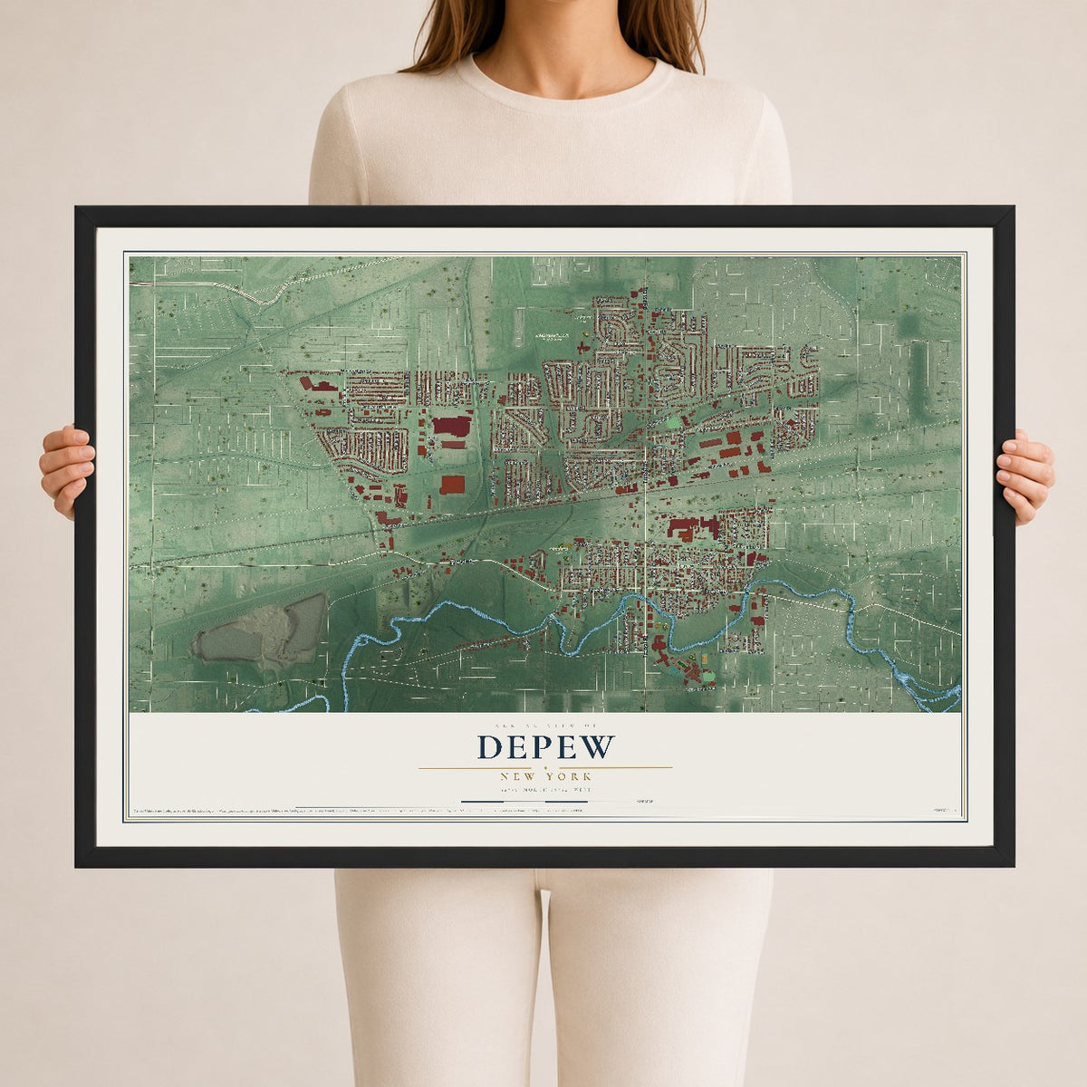 Depew, New York map print, 24" x 36" W/ Black Ayous Wood Frame mockup