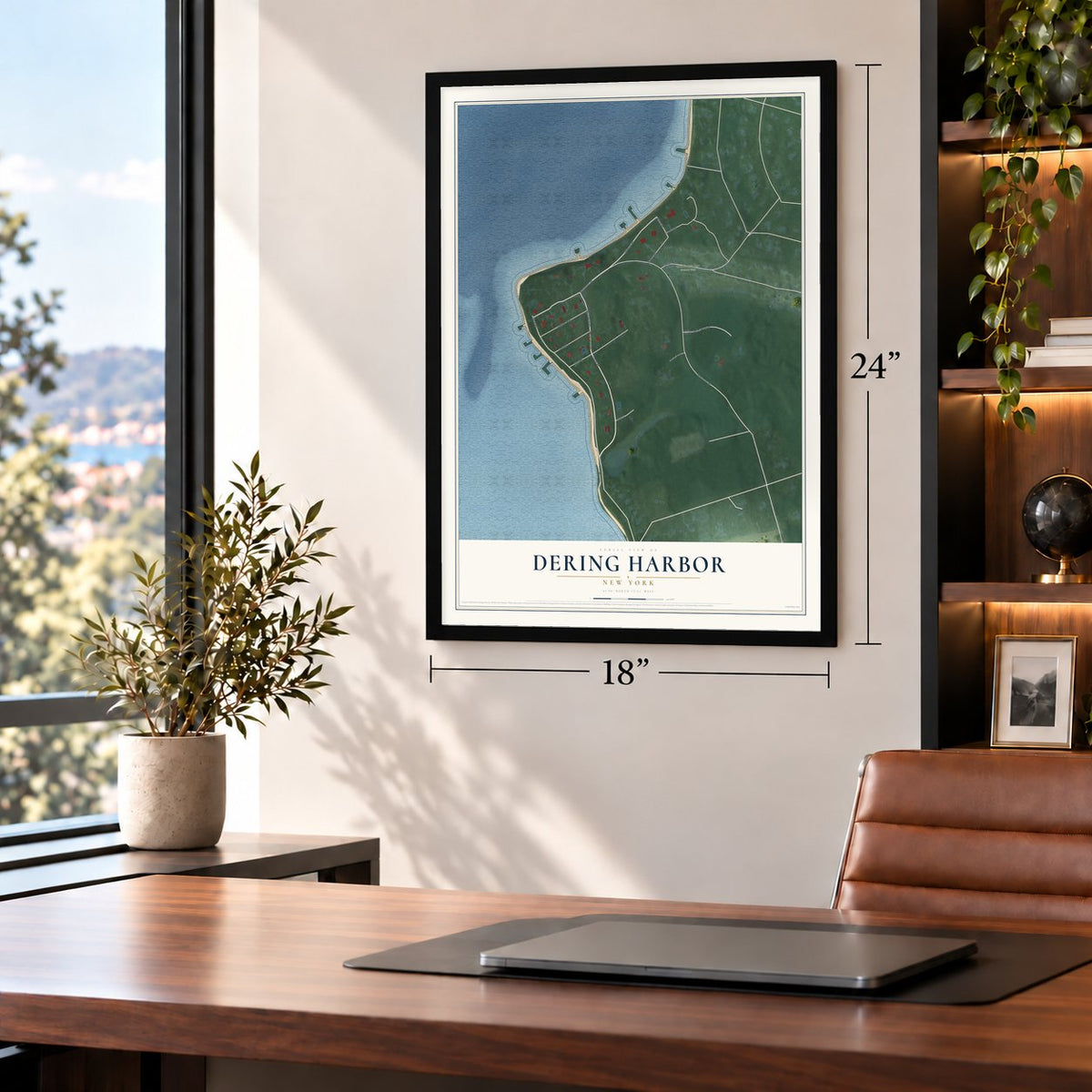 Dering Harbor, New York map, 18 x 24 inch print in a black frame in a home office