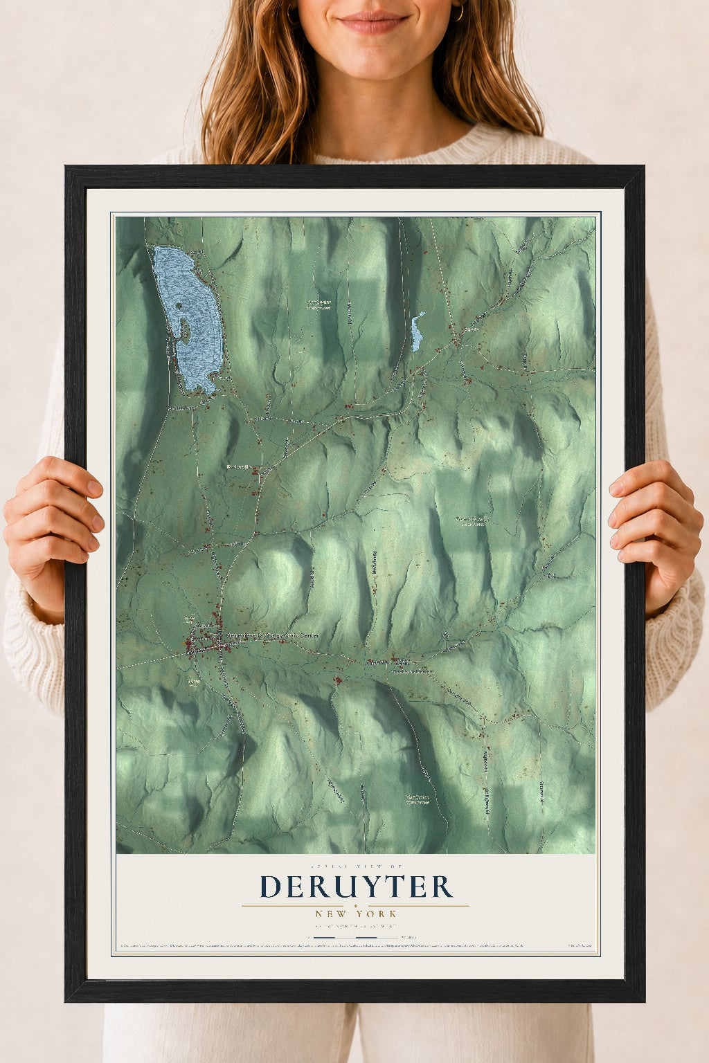 DeRuyter, New York map print, 18" x 24" W/ Black Ayous Wood Frame mockup