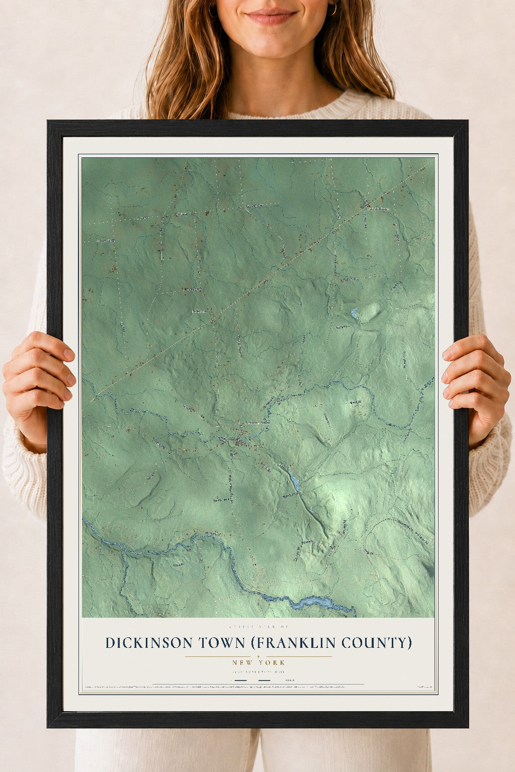 Dickinson Town (Franklin County), New York map print, 18" x 24" W/ Black Ayous Wood Frame mockup
