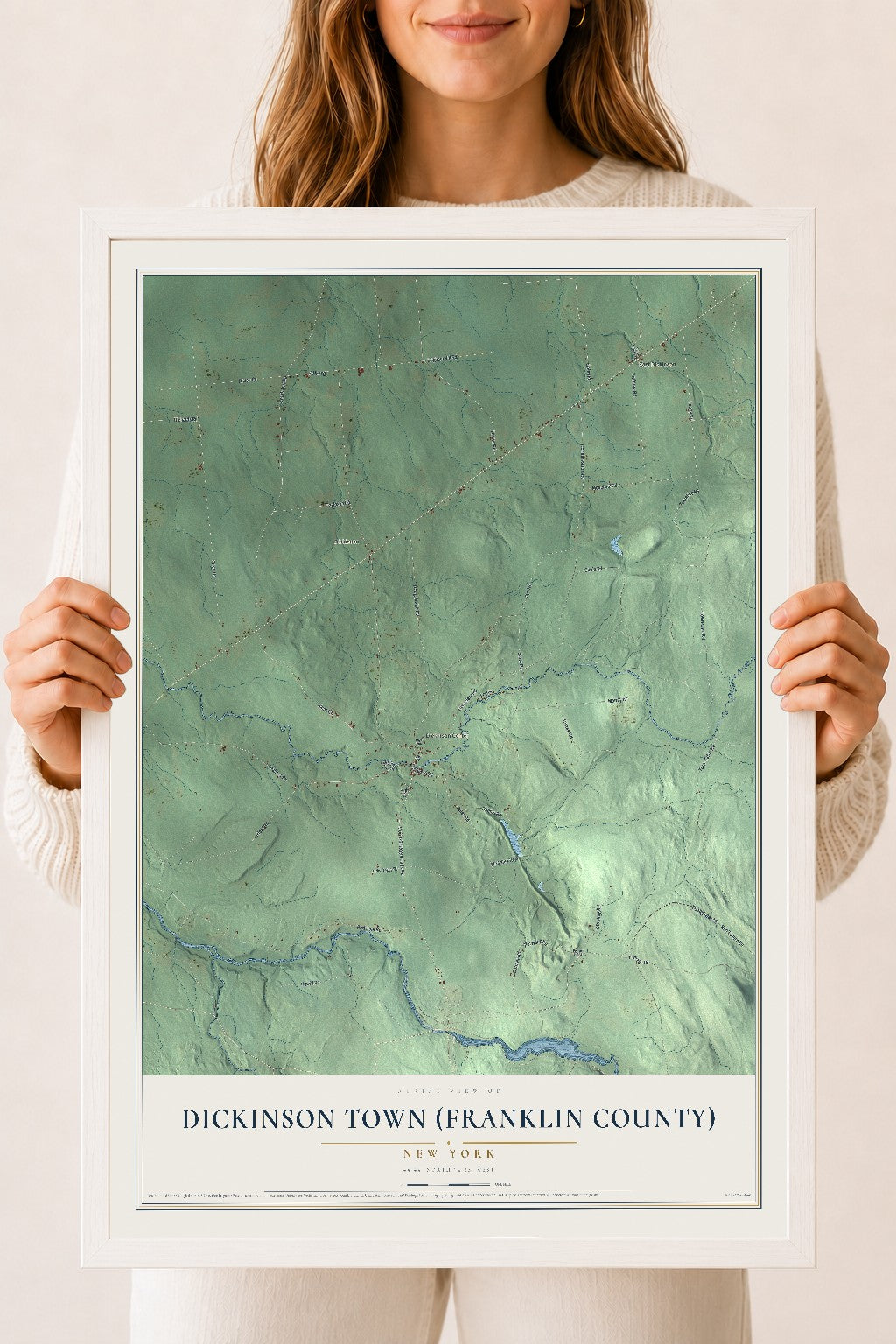 Dickinson Town (Franklin County), New York map print, 18" x 24" W/ White Ayous Wood Frame mockup