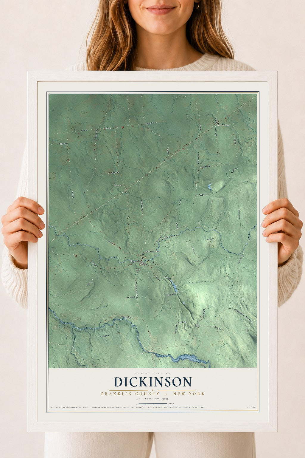 Map of Dickinson, Franklin County, New York, 18 x 24 inch print in a white wood frame