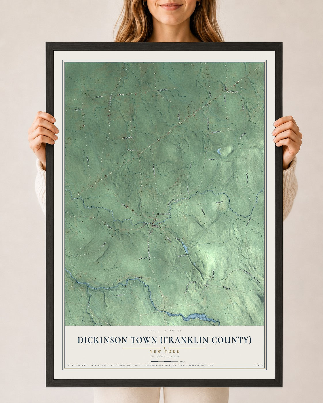 Dickinson Town (Franklin County), New York map print, 24" x 36" W/ Black Ayous Wood Frame mockup