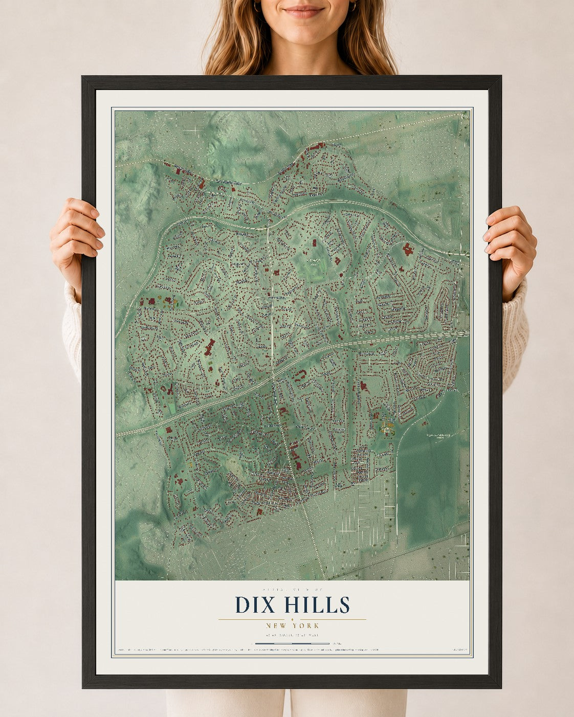 Dix Hills, New York map print, 24" x 36" W/ Black Ayous Wood Frame mockup