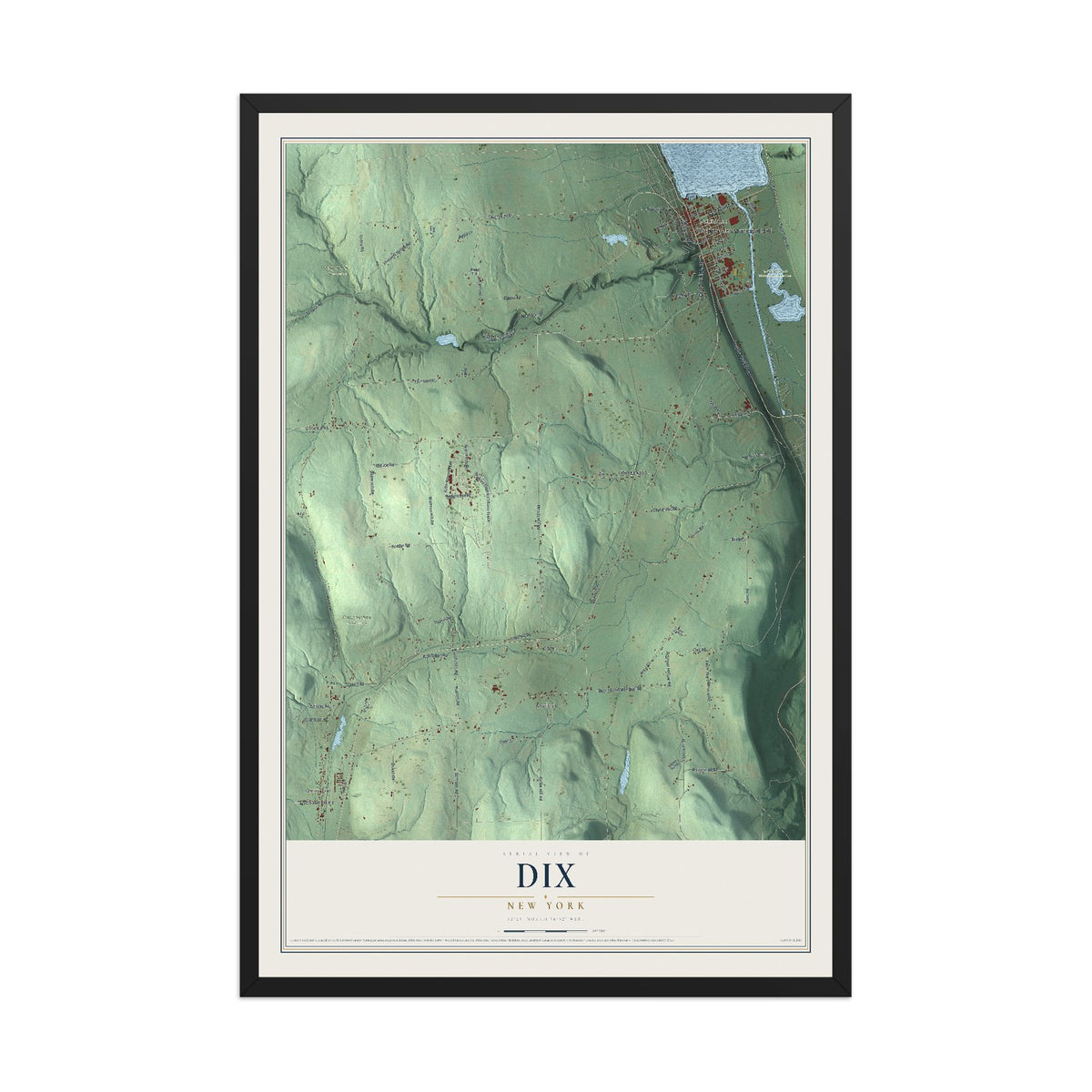 Dix, New York map print, 12" x 18" W/ Black Ayous Wood Frame mockup