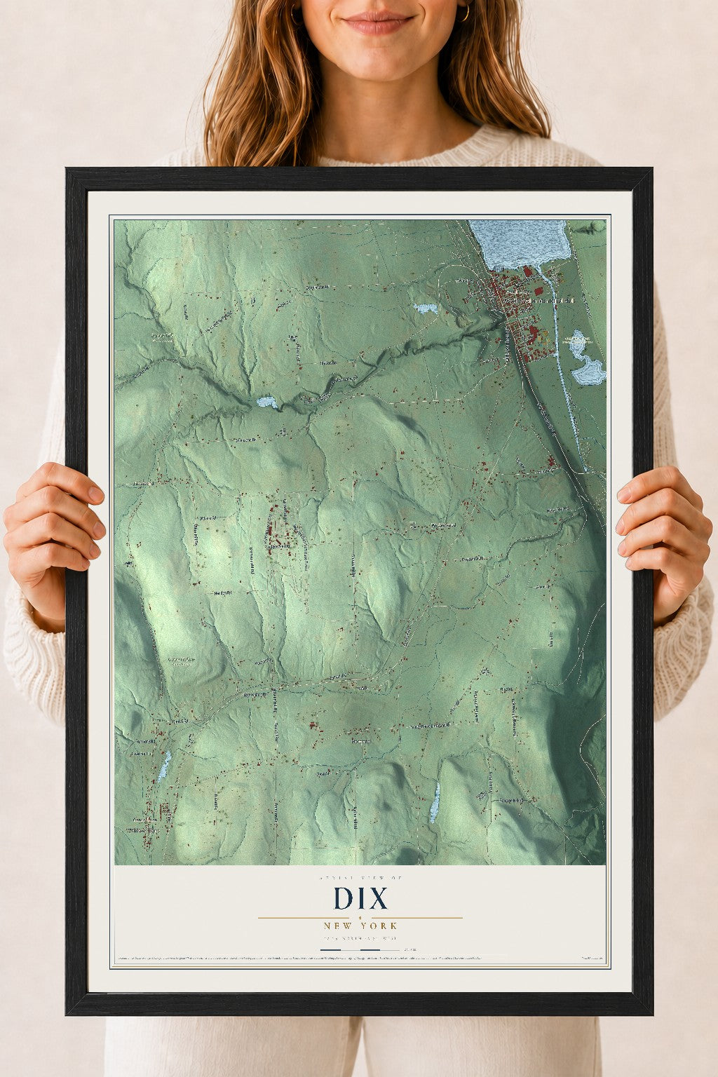 Dix, New York map print, 18" x 24" W/ Black Ayous Wood Frame mockup