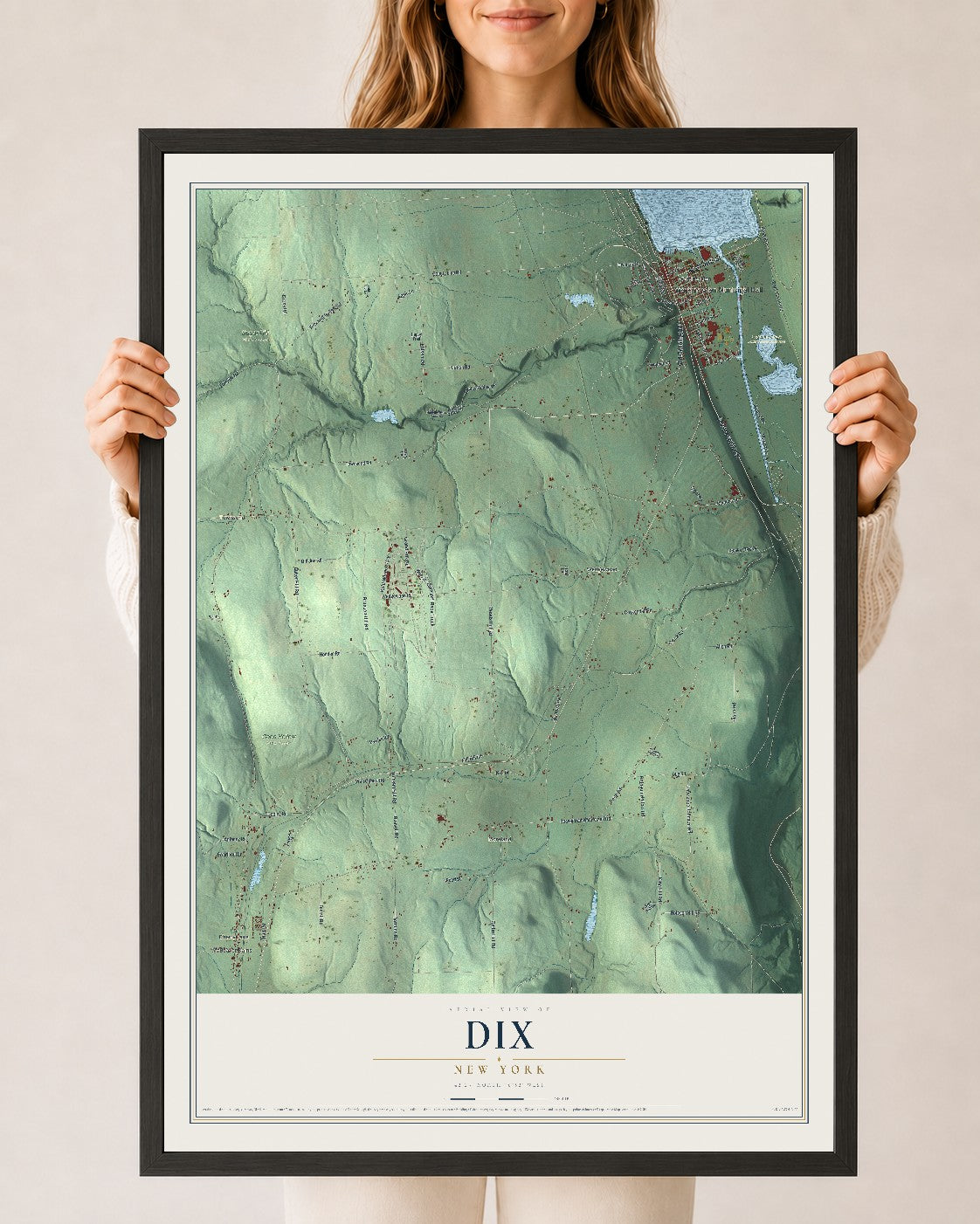 Dix, New York map print, 24" x 36" W/ Black Ayous Wood Frame mockup