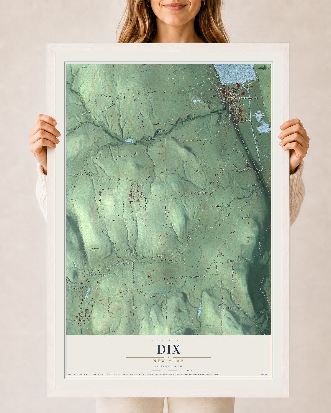 Dix, New York map print, 24" x 36" W/ White Ayous Wood Frame mockup