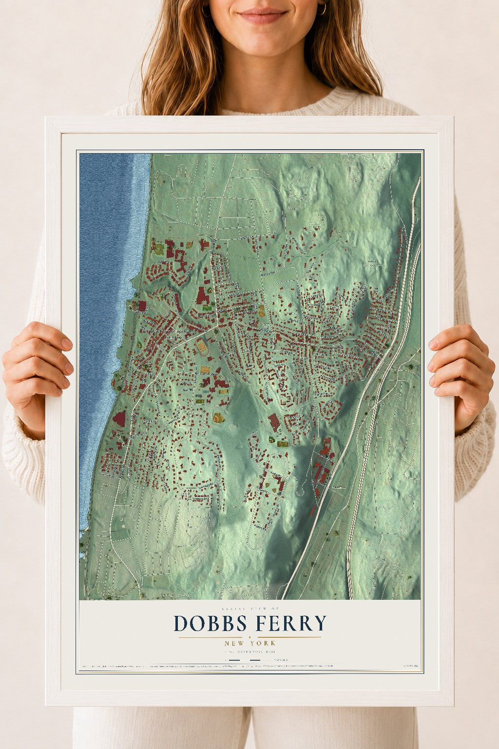Dobbs Ferry, New York map print, 18" x 24" W/ White Ayous Wood Frame mockup