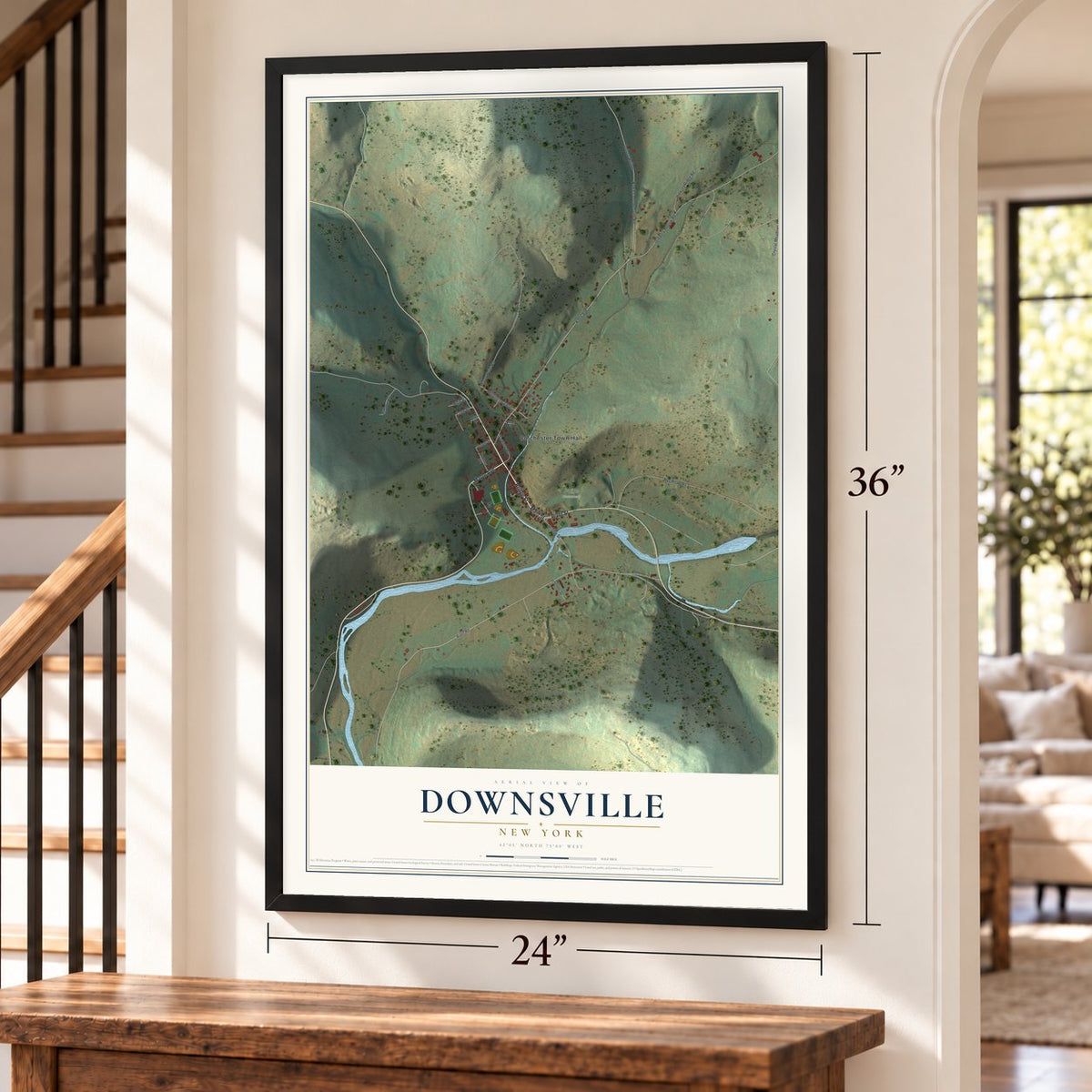 Downsville, New York map, 24 x 36 inch print in a black frame by a staircase