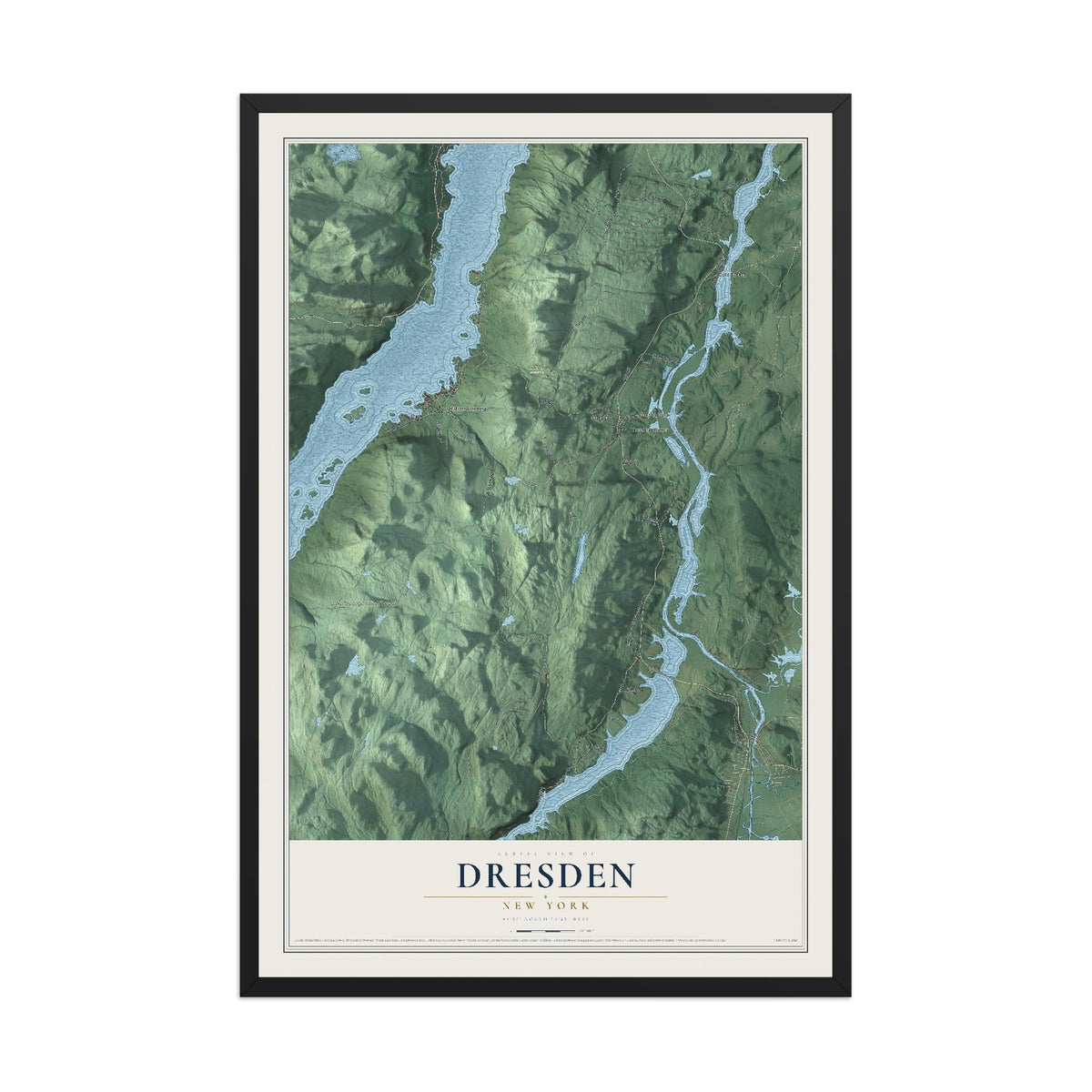 Map of Dresden, New York, 12 x 18 inch print in a black wood frame