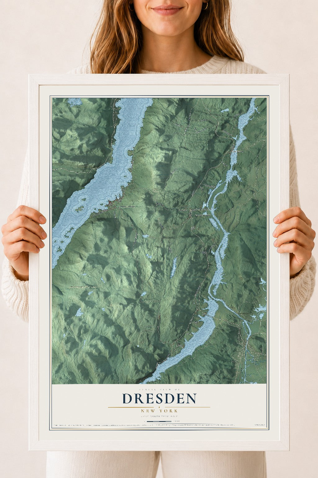 Map of Dresden, New York, 18 x 24 inch print in a white wood frame