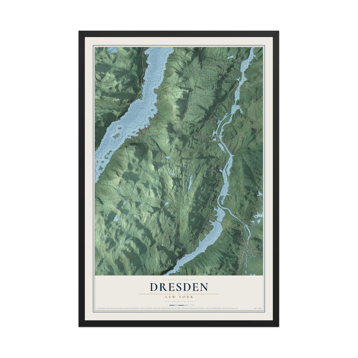 Dresden, New York map print, 12" x 18" W/ Black Ayous Wood Frame mockup