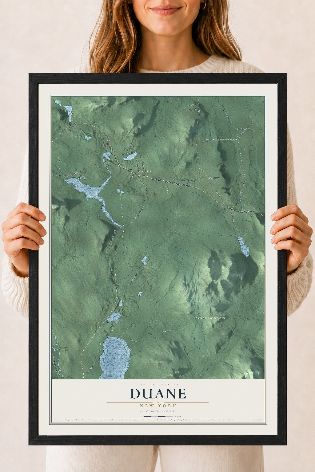 Duane, New York map print, 18" x 24" W/ Black Ayous Wood Frame mockup