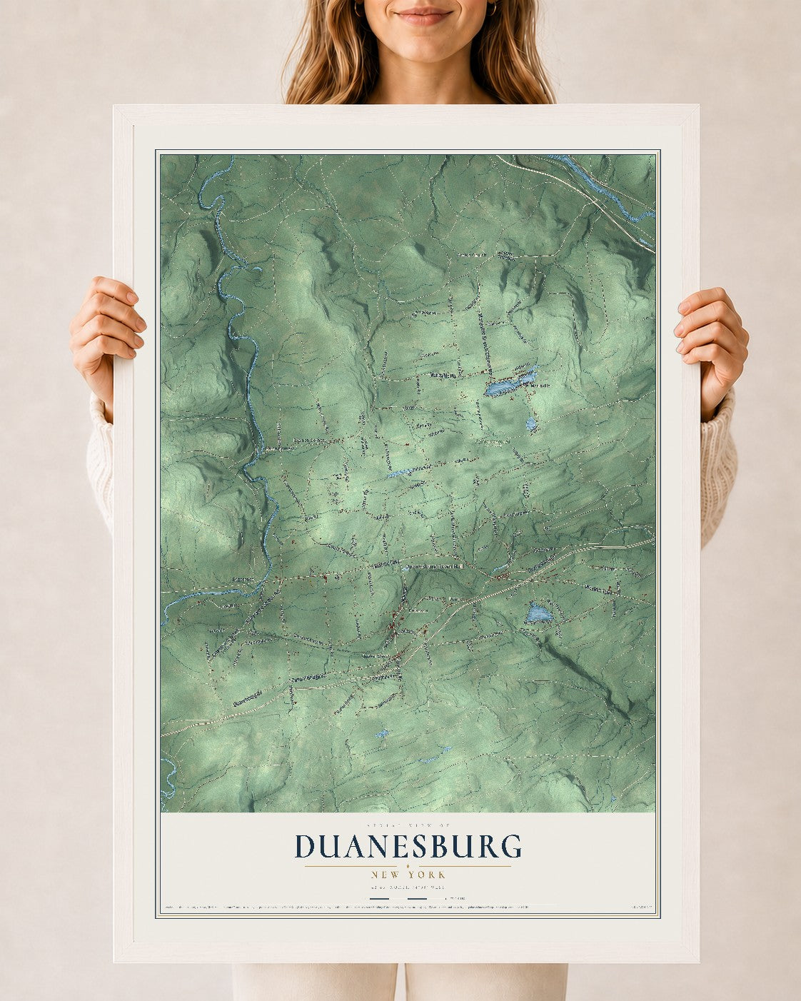 Duanesburg, New York map print, 24" x 36" W/ White Ayous Wood Frame mockup