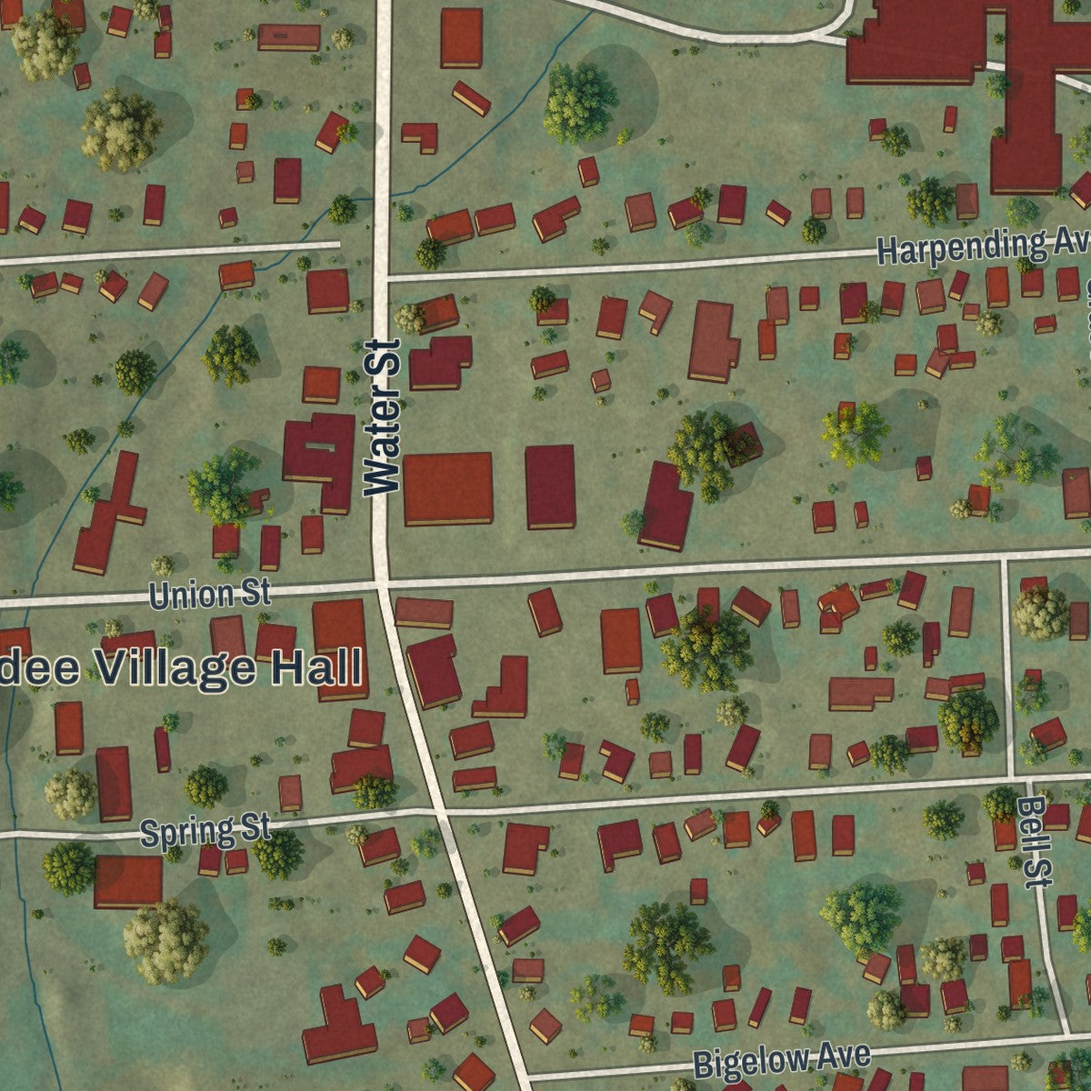 Close-up of the map of Dundee, New York print showing street and building detail