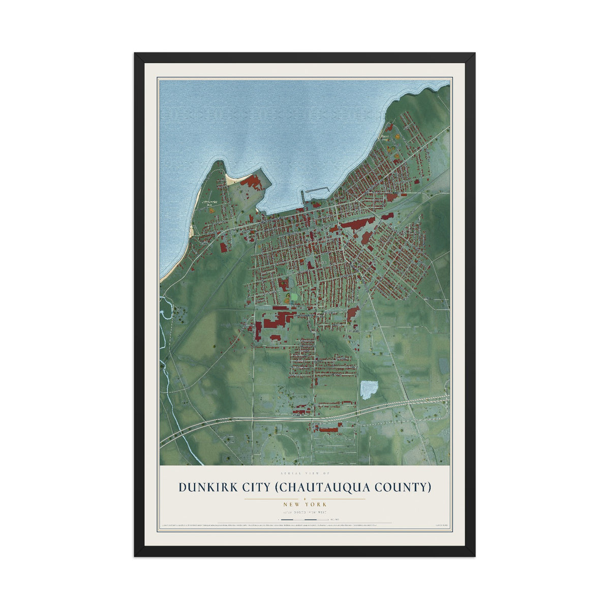 Dunkirk City (Chautauqua County), New York map print, 12" x 18" W/ Black Ayous Wood Frame mockup