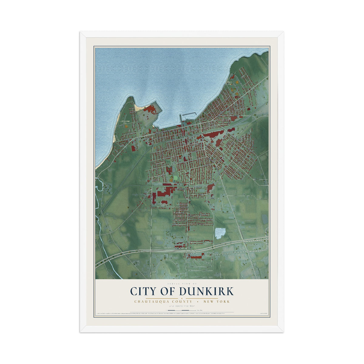 Map of the City of Dunkirk, Chautauqua County, New York, 12 x 18 inch print in a white wood frame