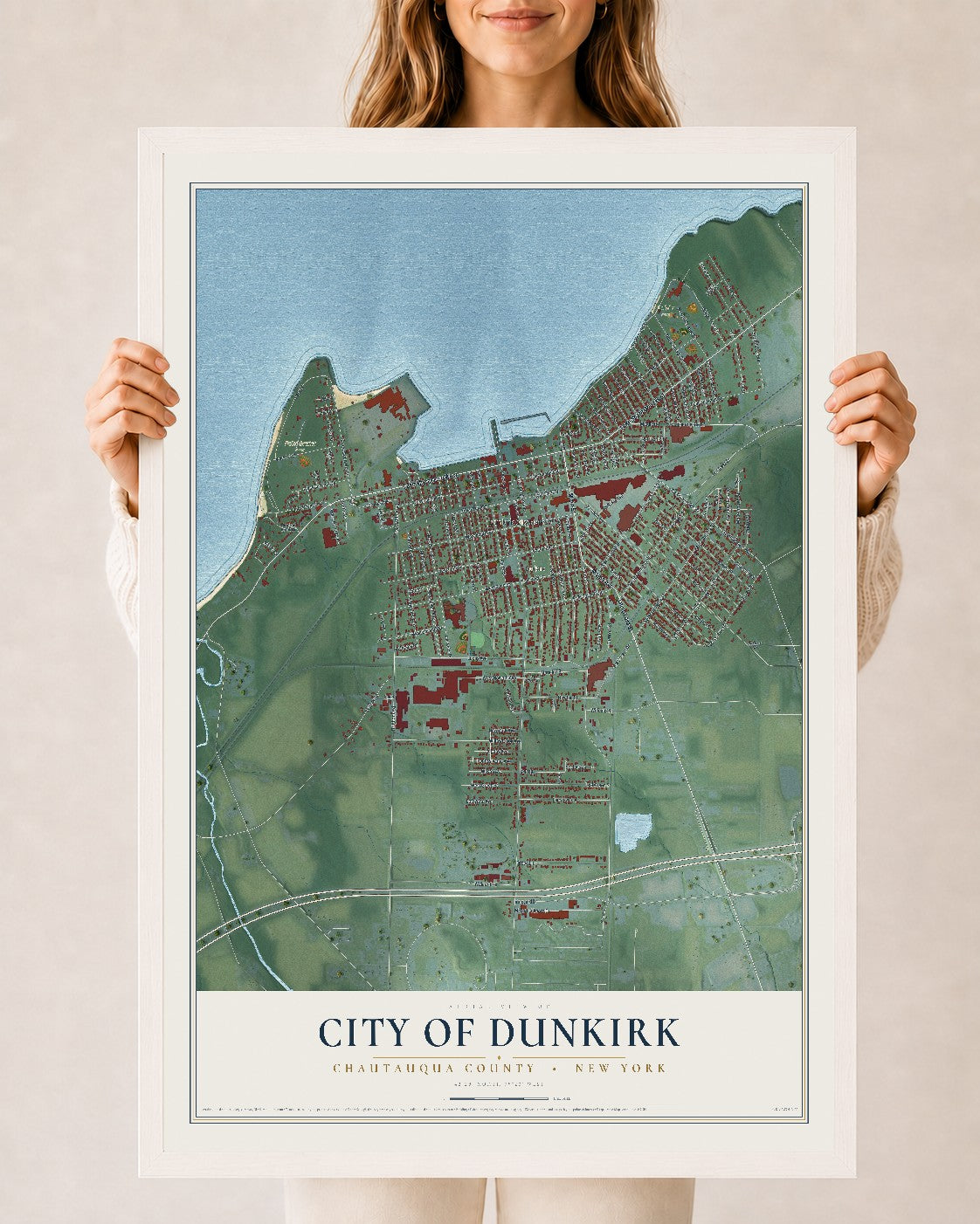 Map of the City of Dunkirk, Chautauqua County, New York, 24 x 36 inch print in a white wood frame