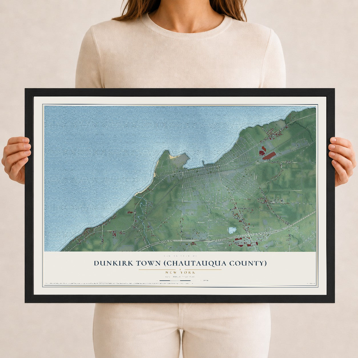 Dunkirk Town (Chautauqua County), New York map print, 12" x 18" W/ Black Ayous Wood Frame mockup